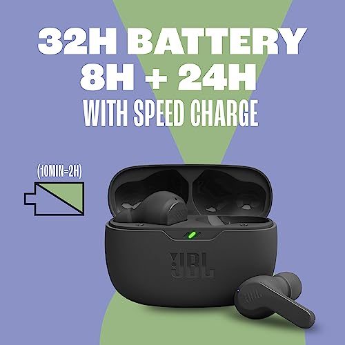 JBL Vibe Beam - True Wireless JBL Deep Bass Sound Earbuds, Bluetooth 5.2, Water & Dust Resistant, Hands-free call with VoiceAware, Up to 32 hours of battery life (Black)