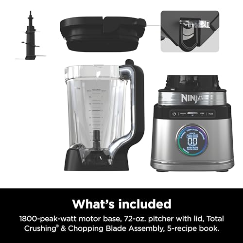 Ninja TB401 Detect Kitchen System Power Blender + Processor Pro, BlendSense Technology, Blender, Chopping & Smoothies, 1800 Peak Watts, 72 oz. Pitcher, 64 oz. Food Processor, 24 oz. To-Go Cup, Black