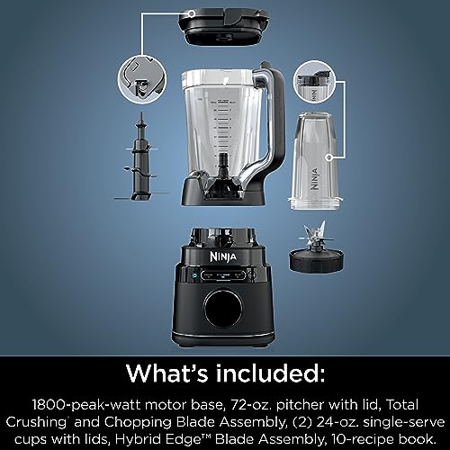 Ninja TB401 Detect Kitchen System Power Blender + Processor Pro, BlendSense Technology, Blender, Chopping & Smoothies, 1800 Peak Watts, 72 oz. Pitcher, 64 oz. Food Processor, 24 oz. To-Go Cup, Black