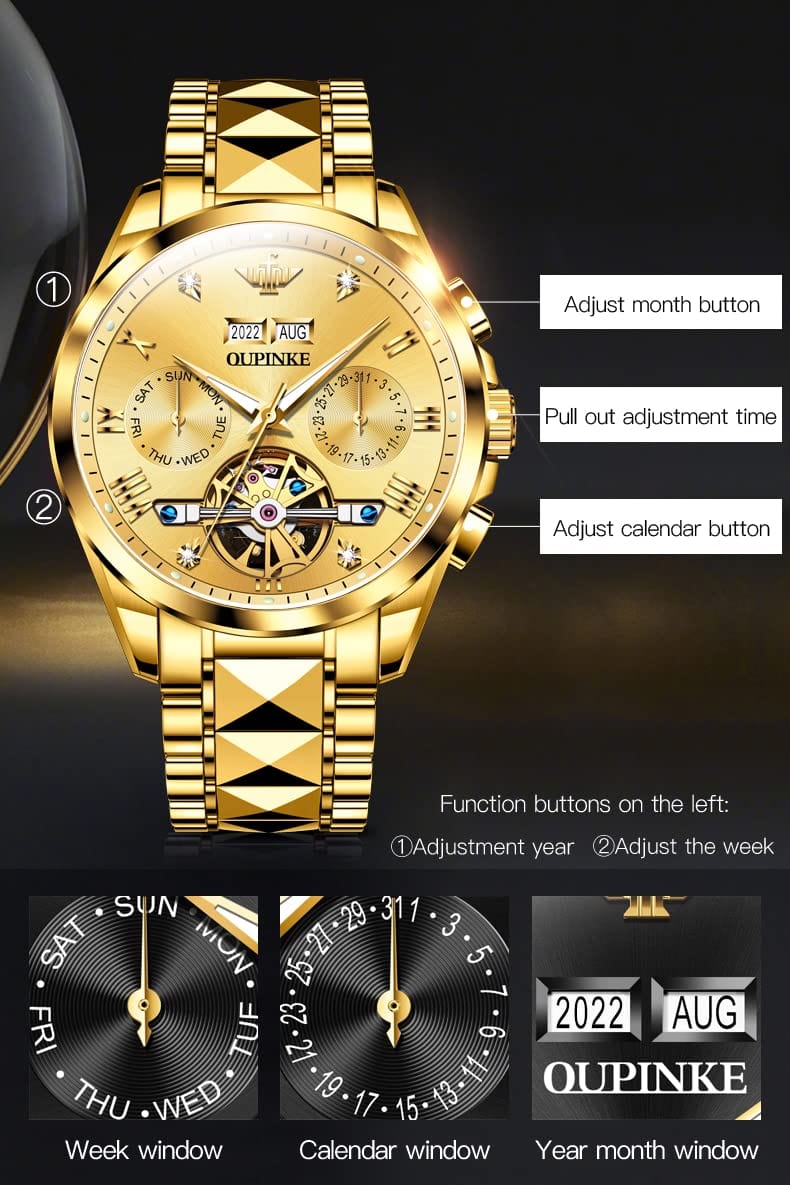 OUPINKE Relojes mecánicos con esqueleto para hombre, vestido de lujo, cuerda automática, cristal de zafiro, resistente al agua, banda de acero de tungsteno, relojes de pulsera