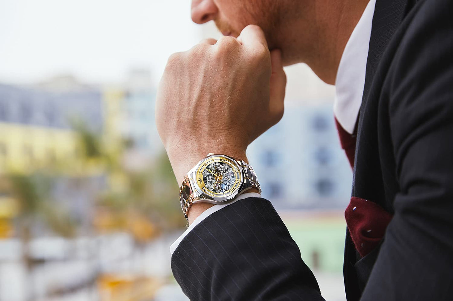 OUPINKE Relojes mecánicos con esqueleto para hombre, vestido de lujo, cuerda automática, cristal de zafiro, resistente al agua, banda de acero de tungsteno, relojes de pulsera