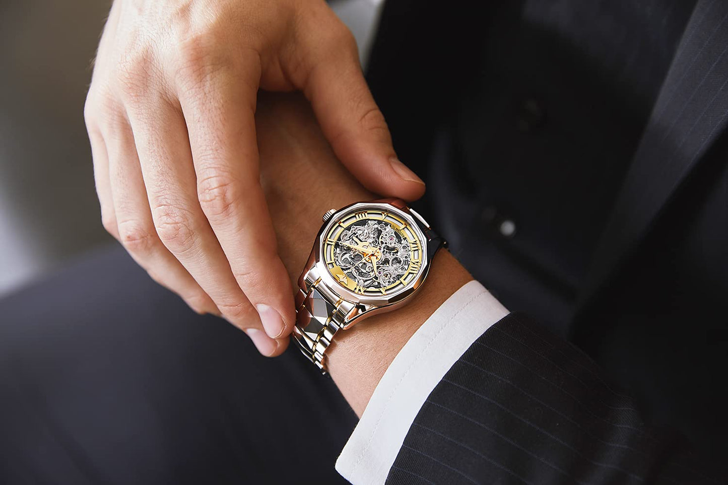 OUPINKE Relojes mecánicos con esqueleto para hombre, vestido de lujo, cuerda automática, cristal de zafiro, resistente al agua, banda de acero de tungsteno, relojes de pulsera