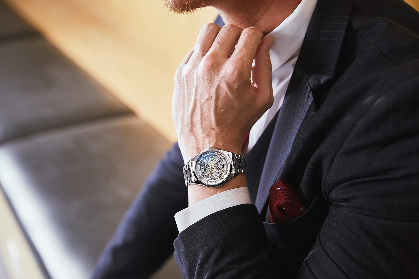 OUPINKE Relojes mecánicos con esqueleto para hombre, vestido de lujo, cuerda automática, cristal de zafiro, resistente al agua, banda de acero de tungsteno, relojes de pulsera