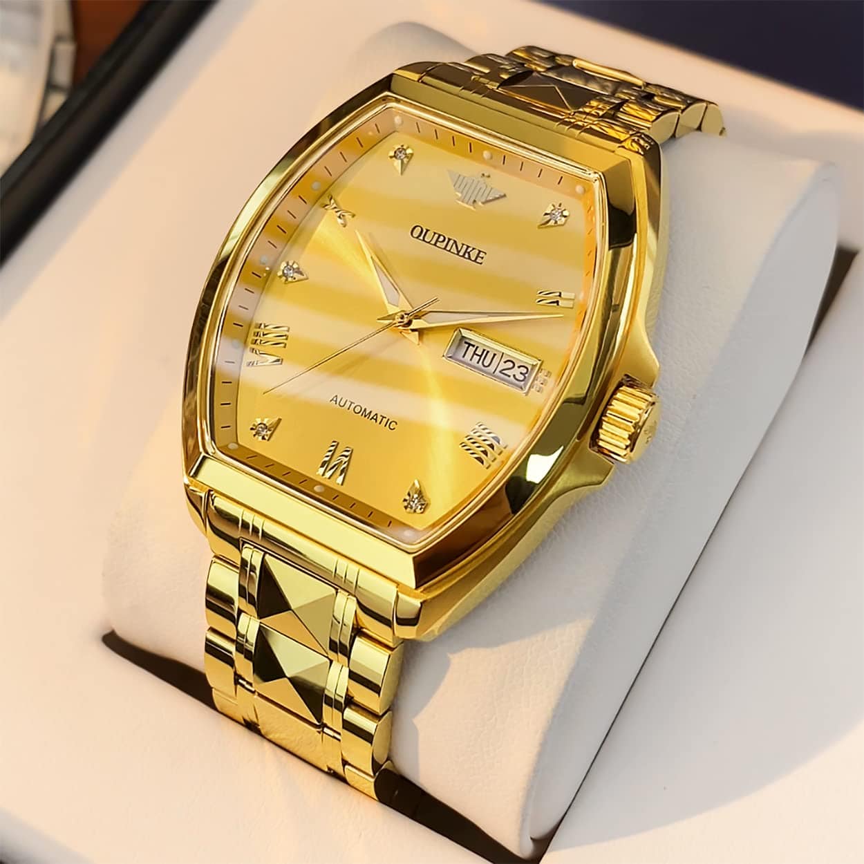 OUPINKE Relojes mecánicos con esqueleto para hombre, vestido de lujo, cuerda automática, cristal de zafiro, resistente al agua, banda de acero de tungsteno, relojes de pulsera