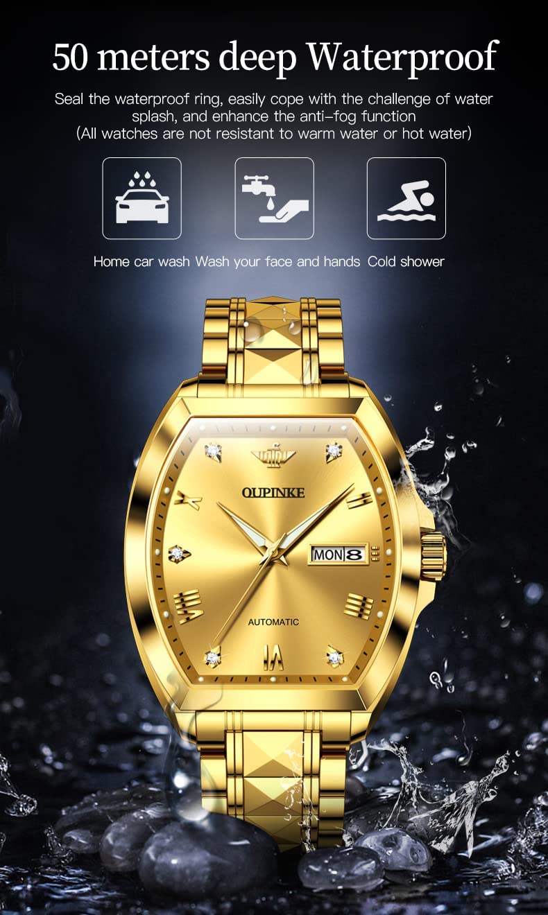 OUPINKE Relojes mecánicos con esqueleto para hombre, vestido de lujo, cuerda automática, cristal de zafiro, resistente al agua, banda de acero de tungsteno, relojes de pulsera