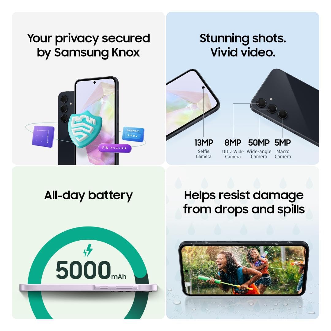 SAMSUNG Galaxy A35 5G Serie A, Smartphone Android Desbloqueado de 128 GB, Pantalla AMOLED, Sistema Avanzado de Triple Cámara, Almacenamiento Ampliable, Diseño Robusto, Versión EE. UU., 2024, Impresionante Lila