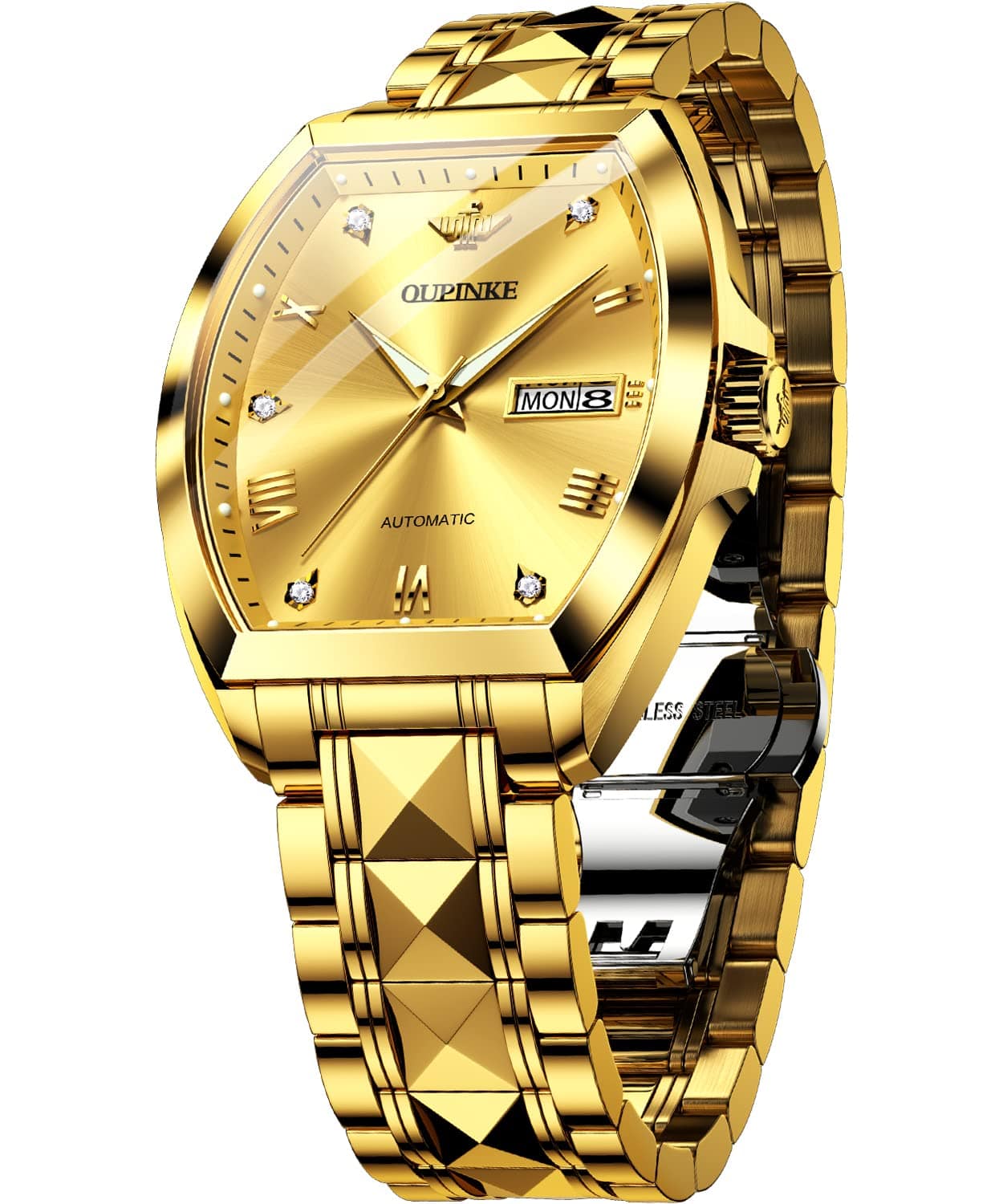 OUPINKE Relojes mecánicos con esqueleto para hombre, vestido de lujo, cuerda automática, cristal de zafiro, resistente al agua, banda de acero de tungsteno, relojes de pulsera