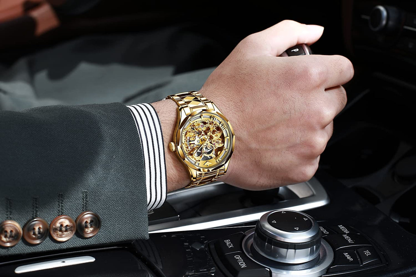 OUPINKE Relojes mecánicos con esqueleto para hombre, vestido de lujo, cuerda automática, cristal de zafiro, resistente al agua, banda de acero de tungsteno, relojes de pulsera