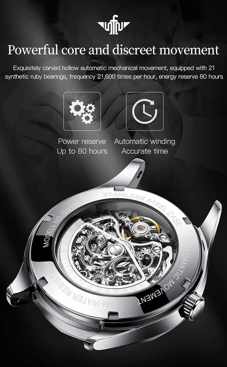 OUPINKE Relojes mecánicos con esqueleto para hombre, vestido de lujo, cuerda automática, cristal de zafiro, resistente al agua, banda de acero de tungsteno, relojes de pulsera
