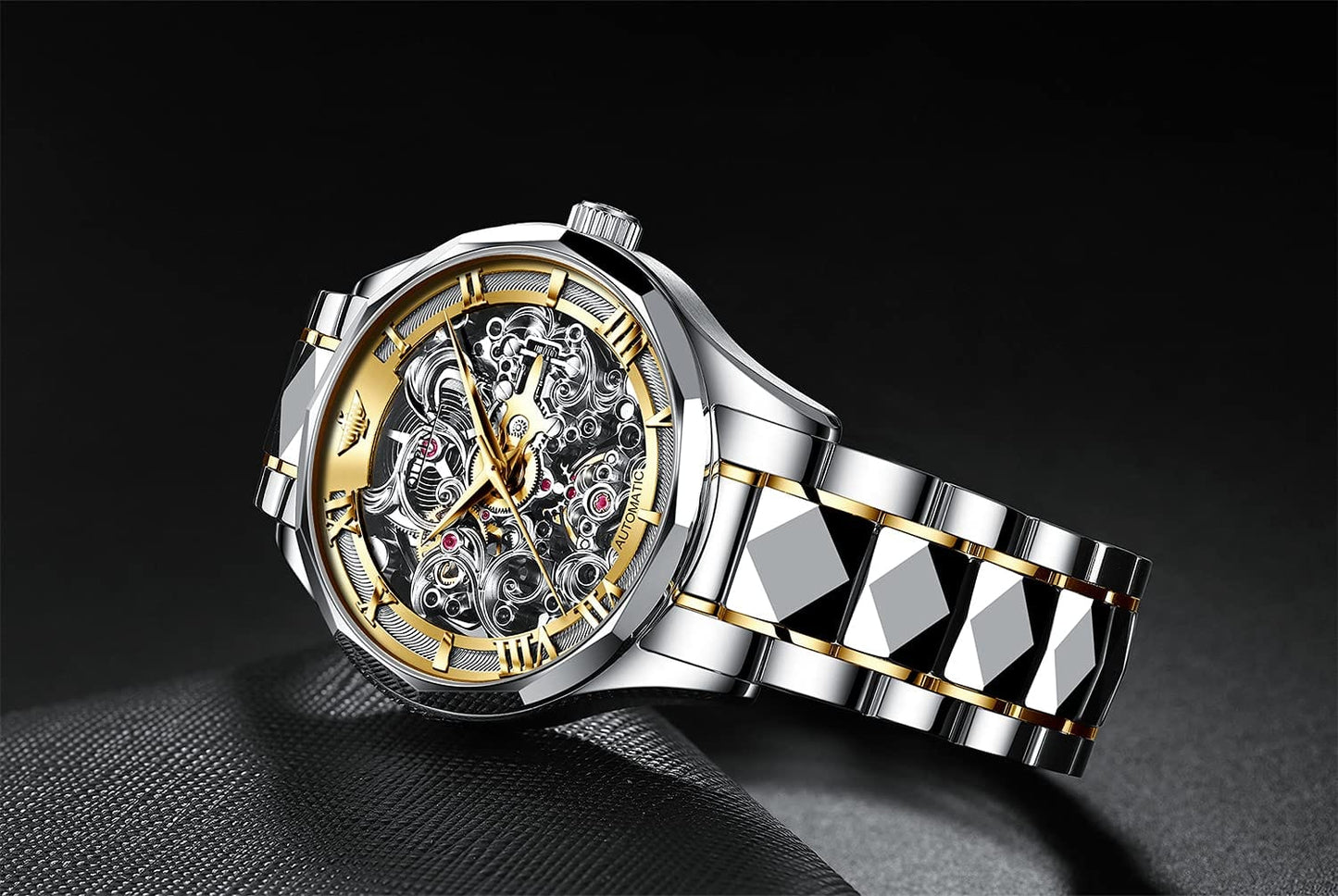 OUPINKE Relojes mecánicos con esqueleto para hombre, vestido de lujo, cuerda automática, cristal de zafiro, resistente al agua, banda de acero de tungsteno, relojes de pulsera