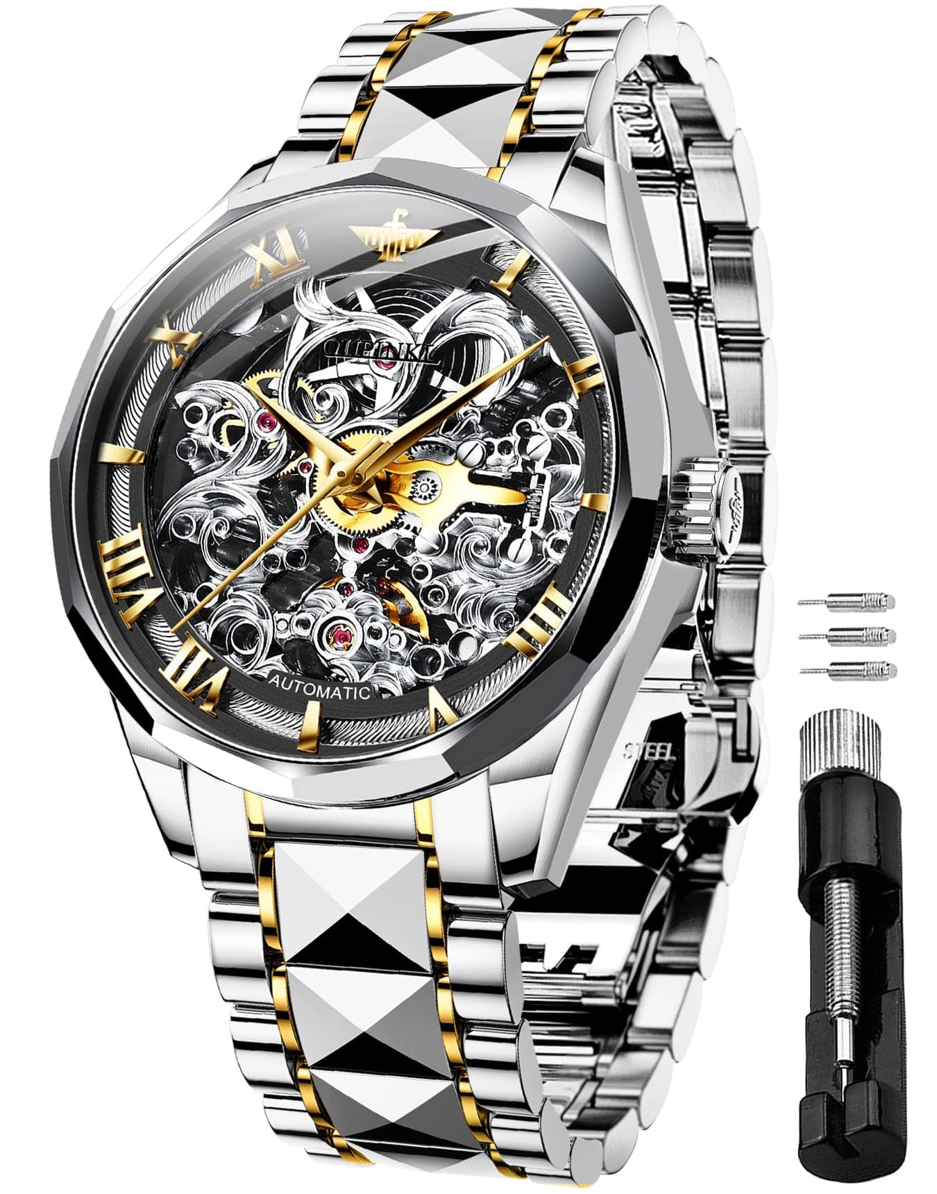 OUPINKE Relojes mecánicos con esqueleto para hombre, vestido de lujo, cuerda automática, cristal de zafiro, resistente al agua, banda de acero de tungsteno, relojes de pulsera