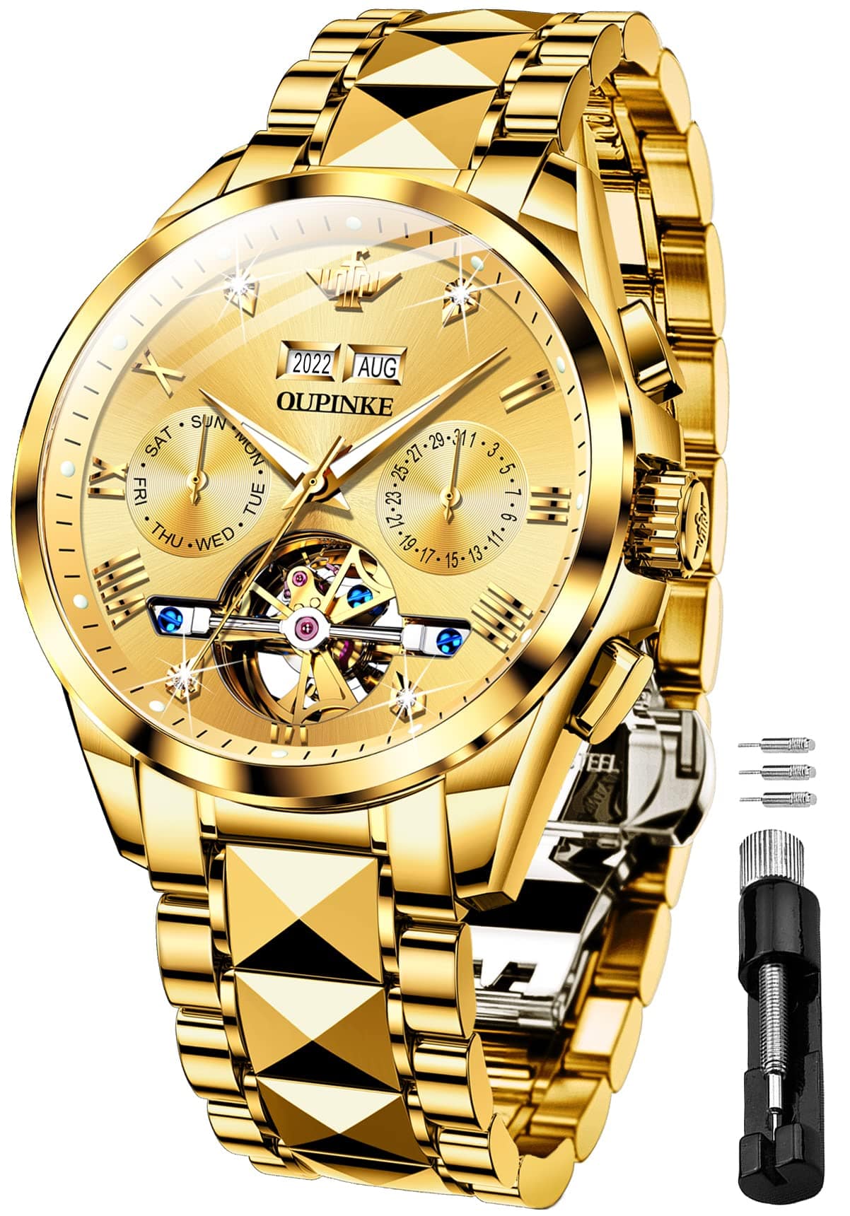 OUPINKE Relojes mecánicos con esqueleto para hombre, vestido de lujo, cuerda automática, cristal de zafiro, resistente al agua, banda de acero de tungsteno, relojes de pulsera
