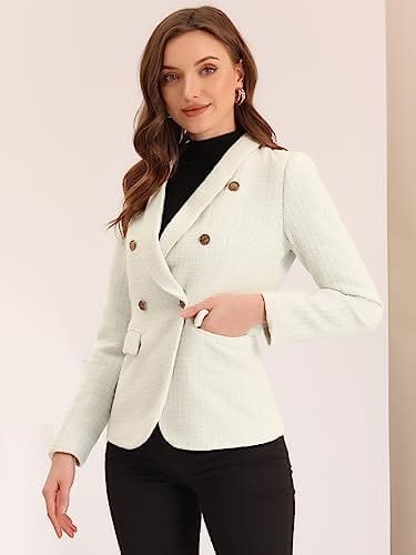 Allegra K Tweed Blazer for Women's Notch Lapels Double Breasted Plaid Jacket Work Office Blazer - Xpressa