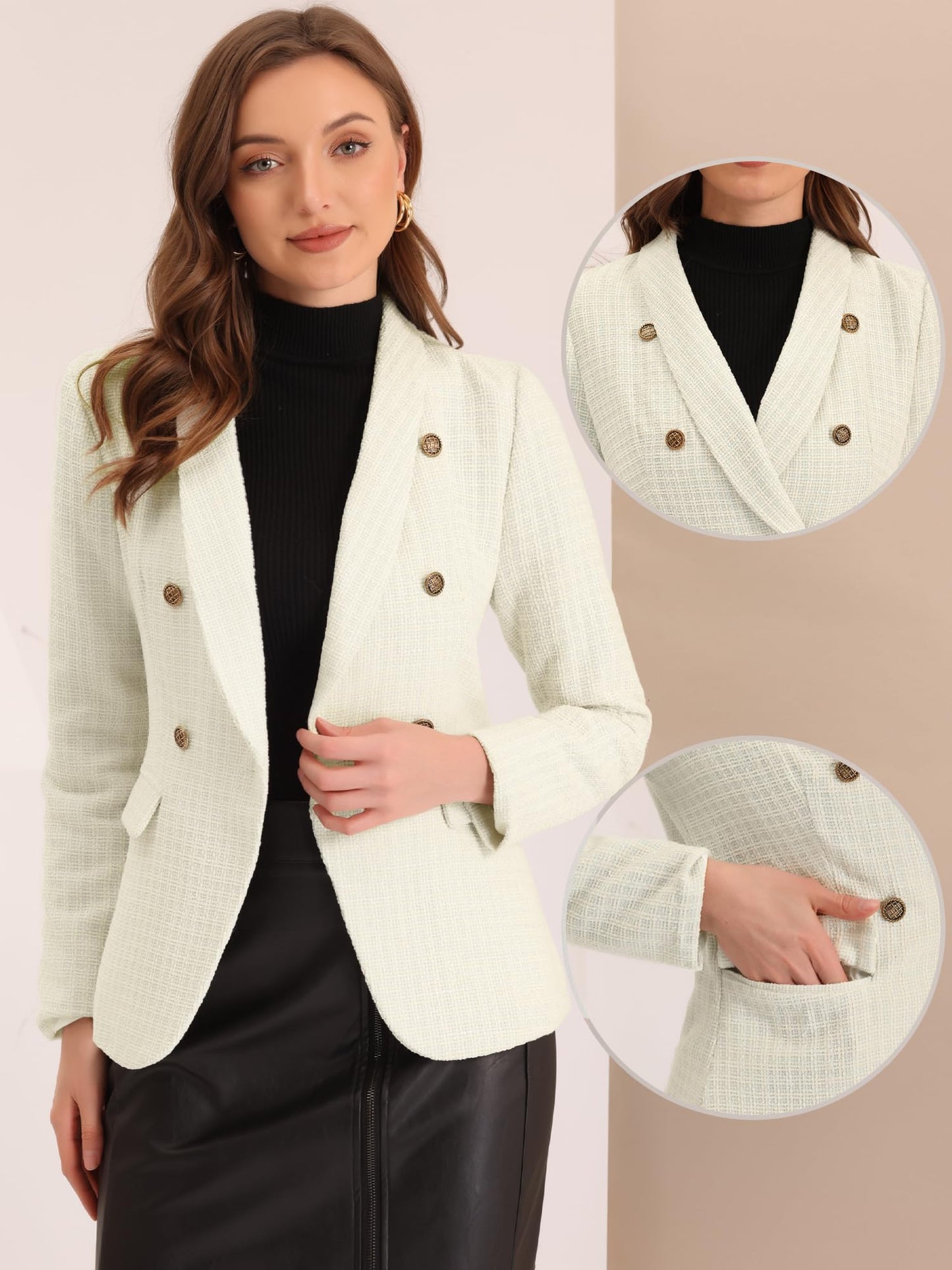 Allegra K Tweed Blazer for Women's Notch Lapels Double Breasted Plaid Jacket Work Office Blazer - Xpressa