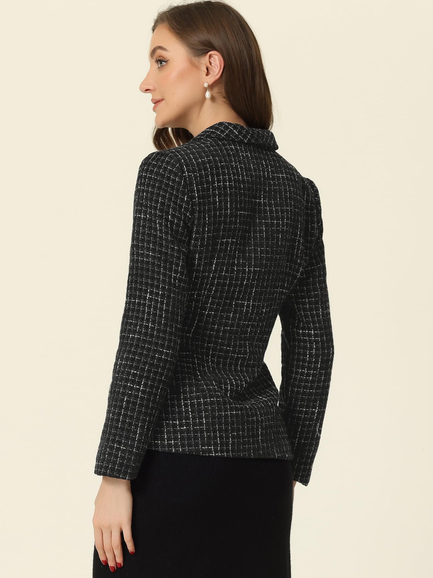 Allegra K Tweed Blazer for Women's Notch Lapels Double Breasted Plaid Jacket Work Office Blazer - Xpressa