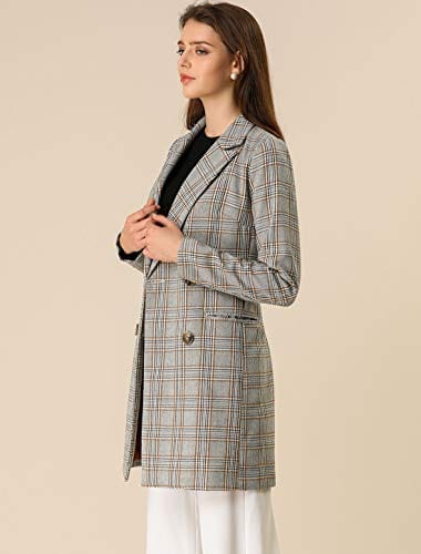 Allegra K Women's Double Breasted Notched Lapel Plaid Trench Blazer Coat - Xpressa