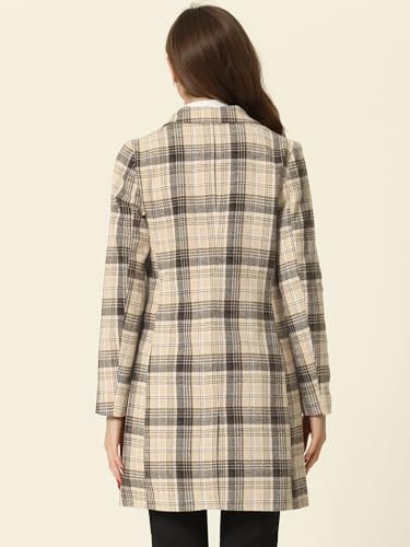 Allegra K Women's Double Breasted Notched Lapel Plaid Trench Blazer Coat - Xpressa