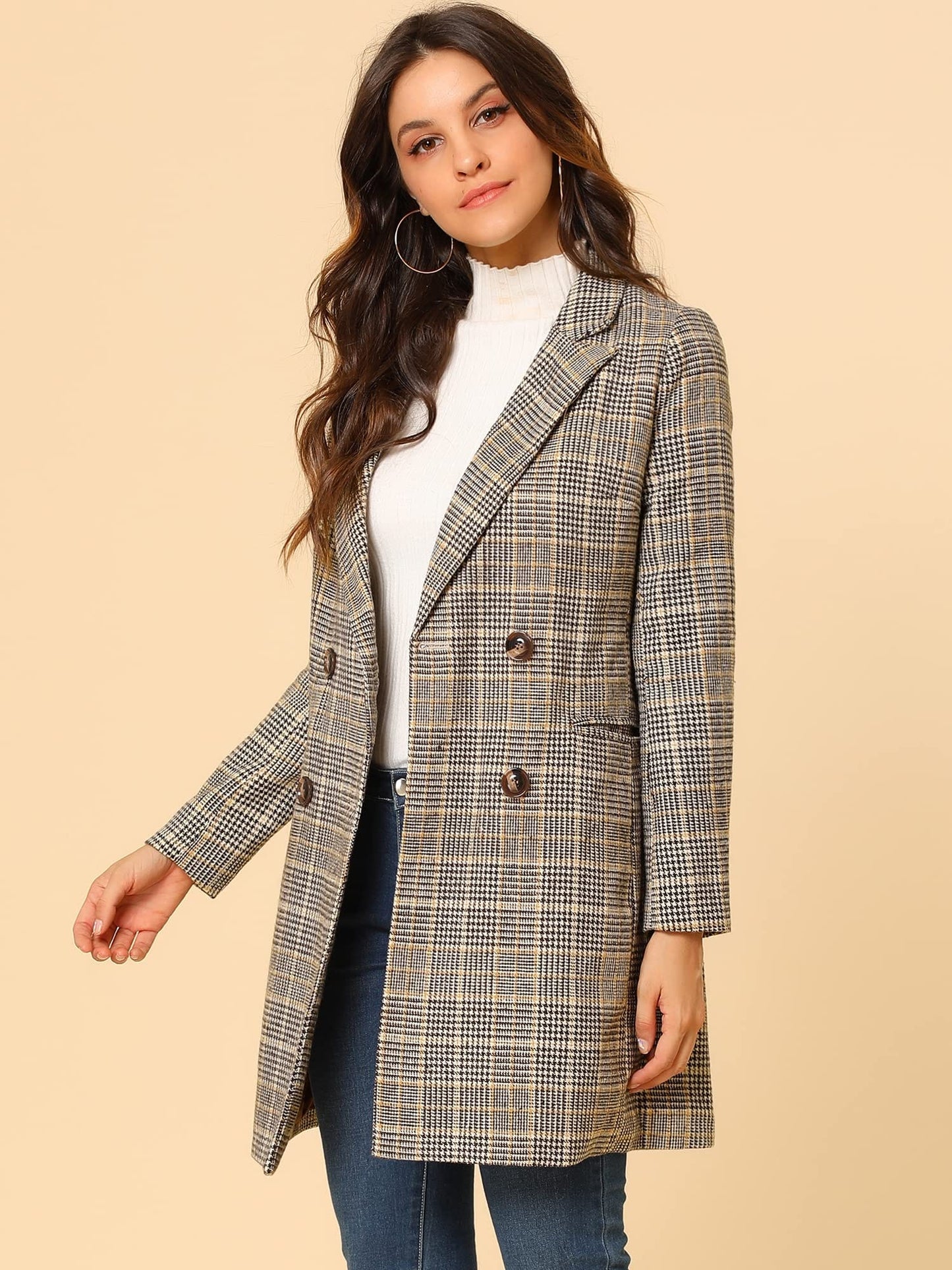Allegra K Women's Double Breasted Notched Lapel Plaid Trench Blazer Coat - Xpressa