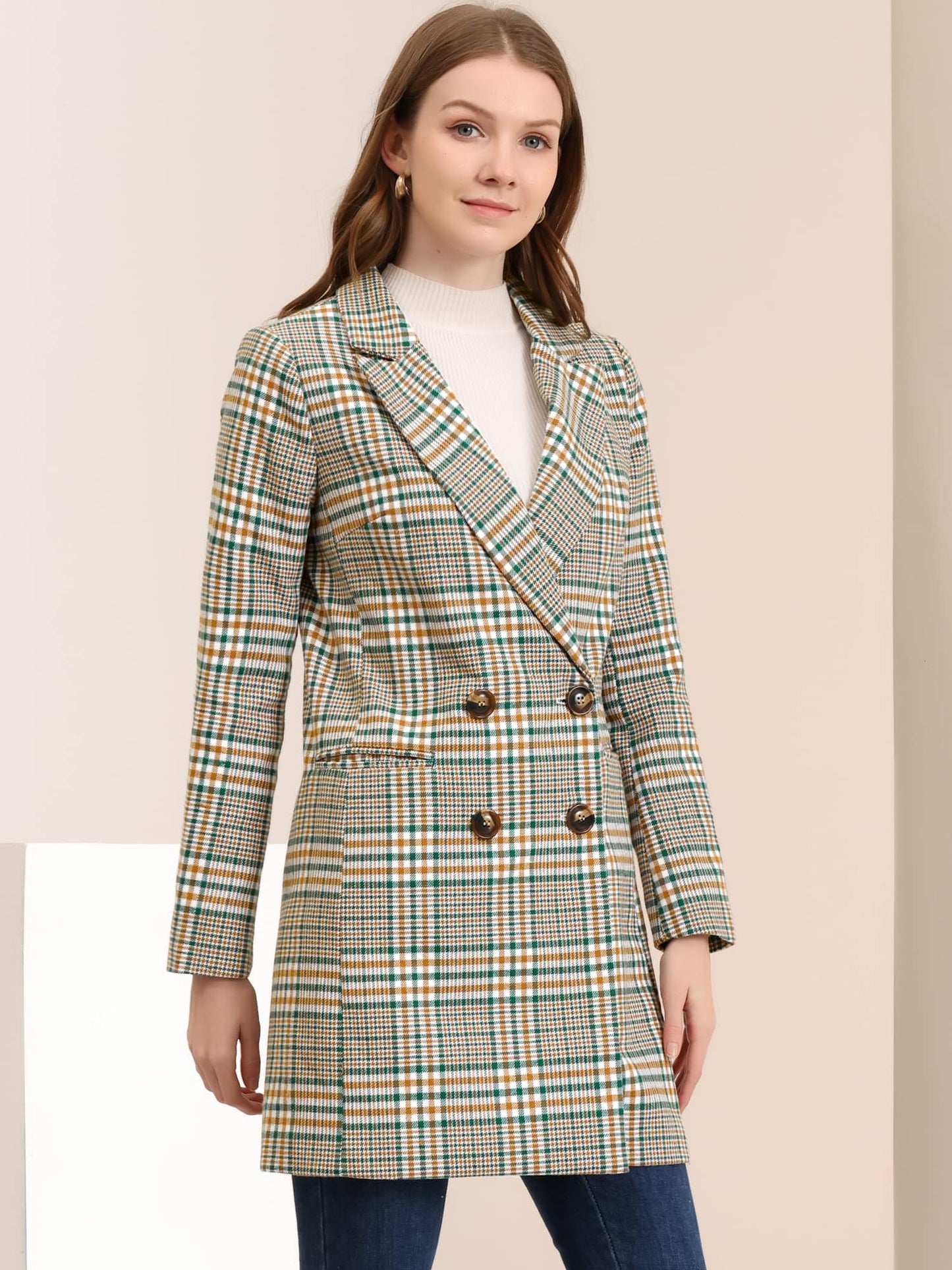 Allegra K Women's Double Breasted Notched Lapel Plaid Trench Blazer Coat - Xpressa