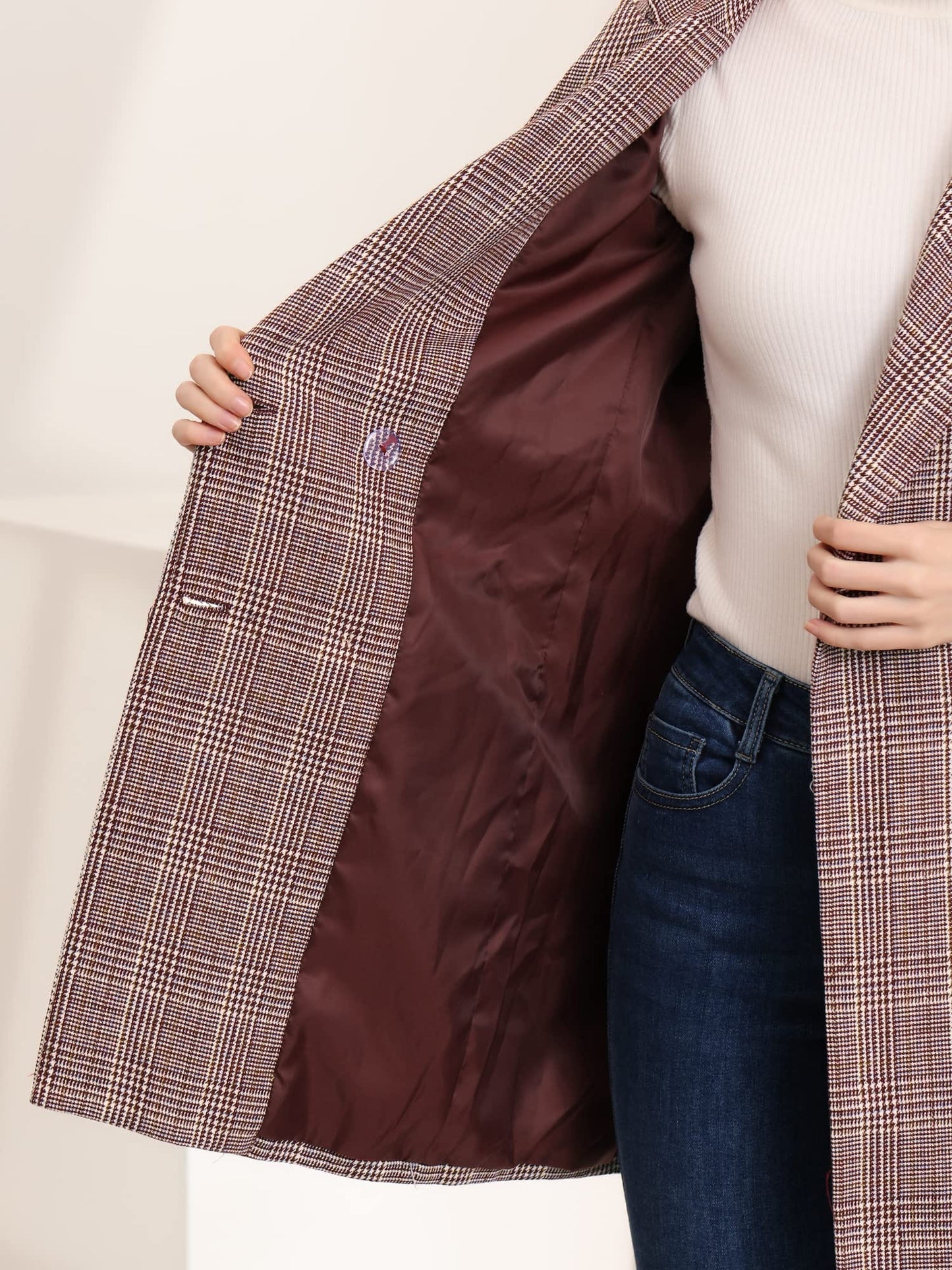 Allegra K Women's Double Breasted Notched Lapel Plaid Trench Blazer Coat - Xpressa
