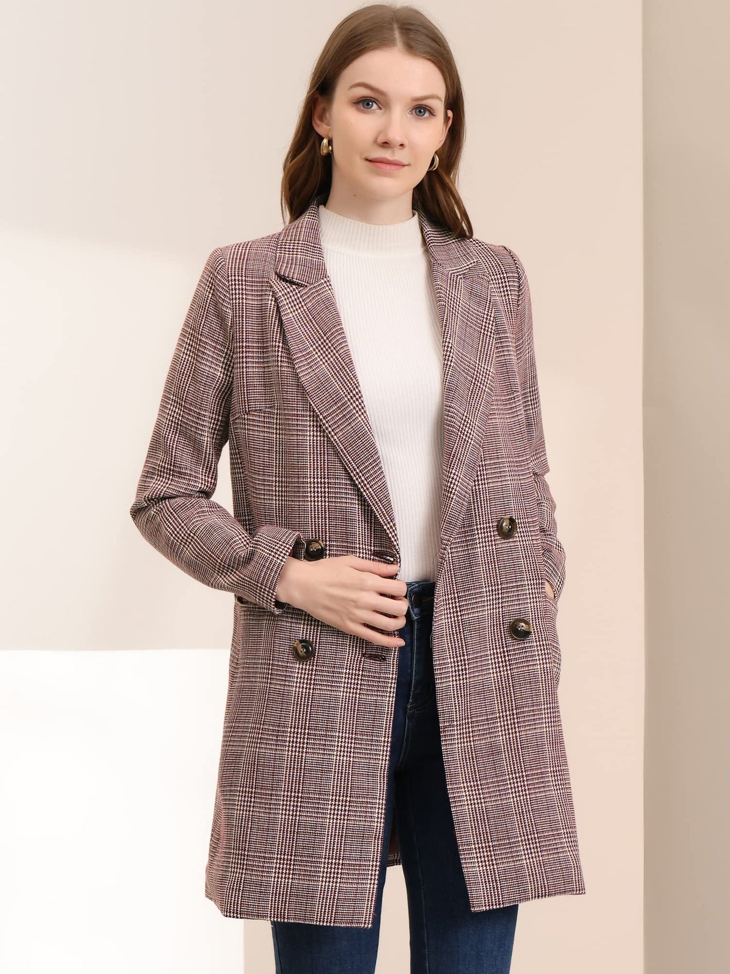 Allegra K Women's Double Breasted Notched Lapel Plaid Trench Blazer Coat - Xpressa