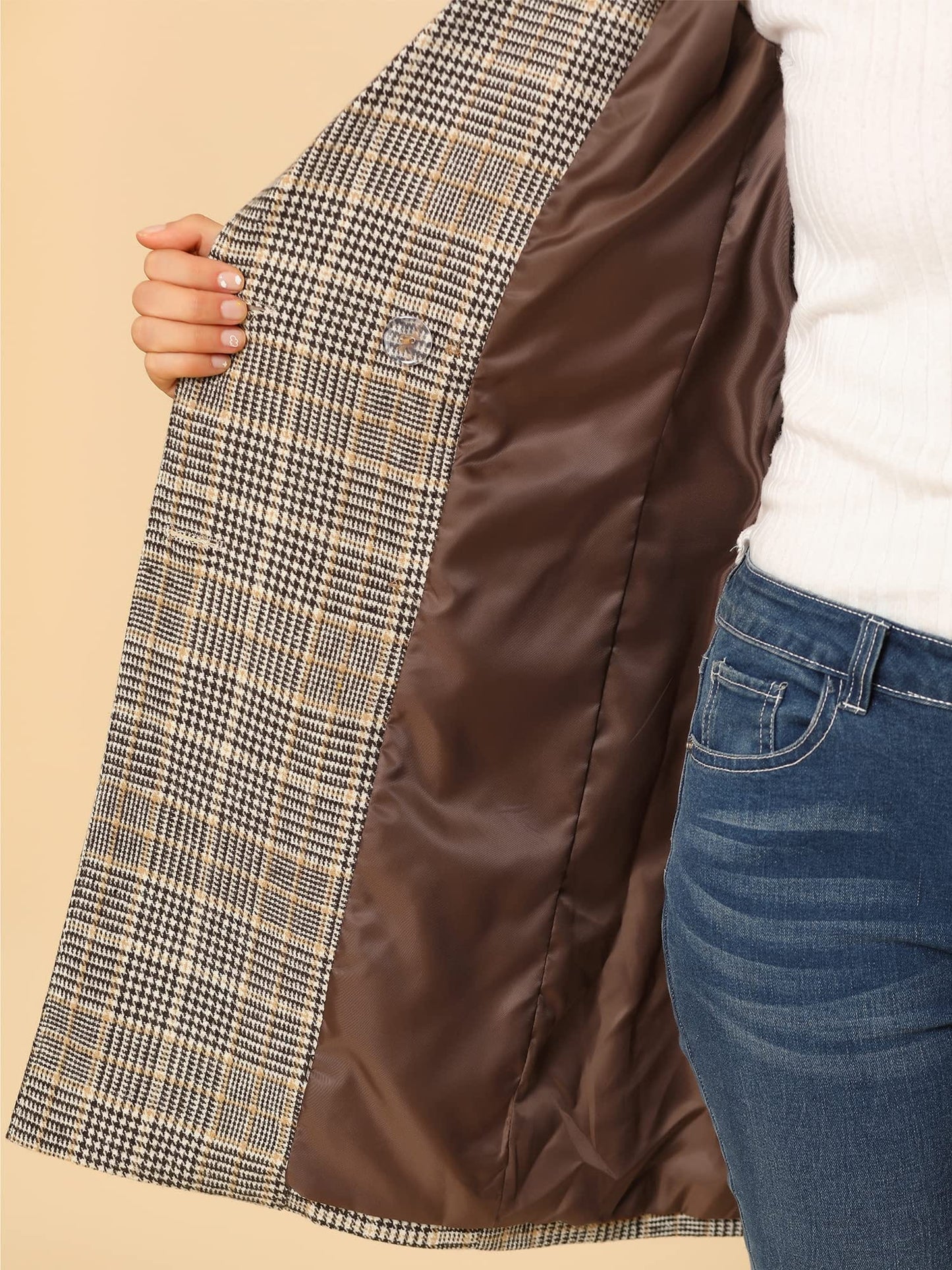 Allegra K Women's Double Breasted Notched Lapel Plaid Trench Blazer Coat - Xpressa