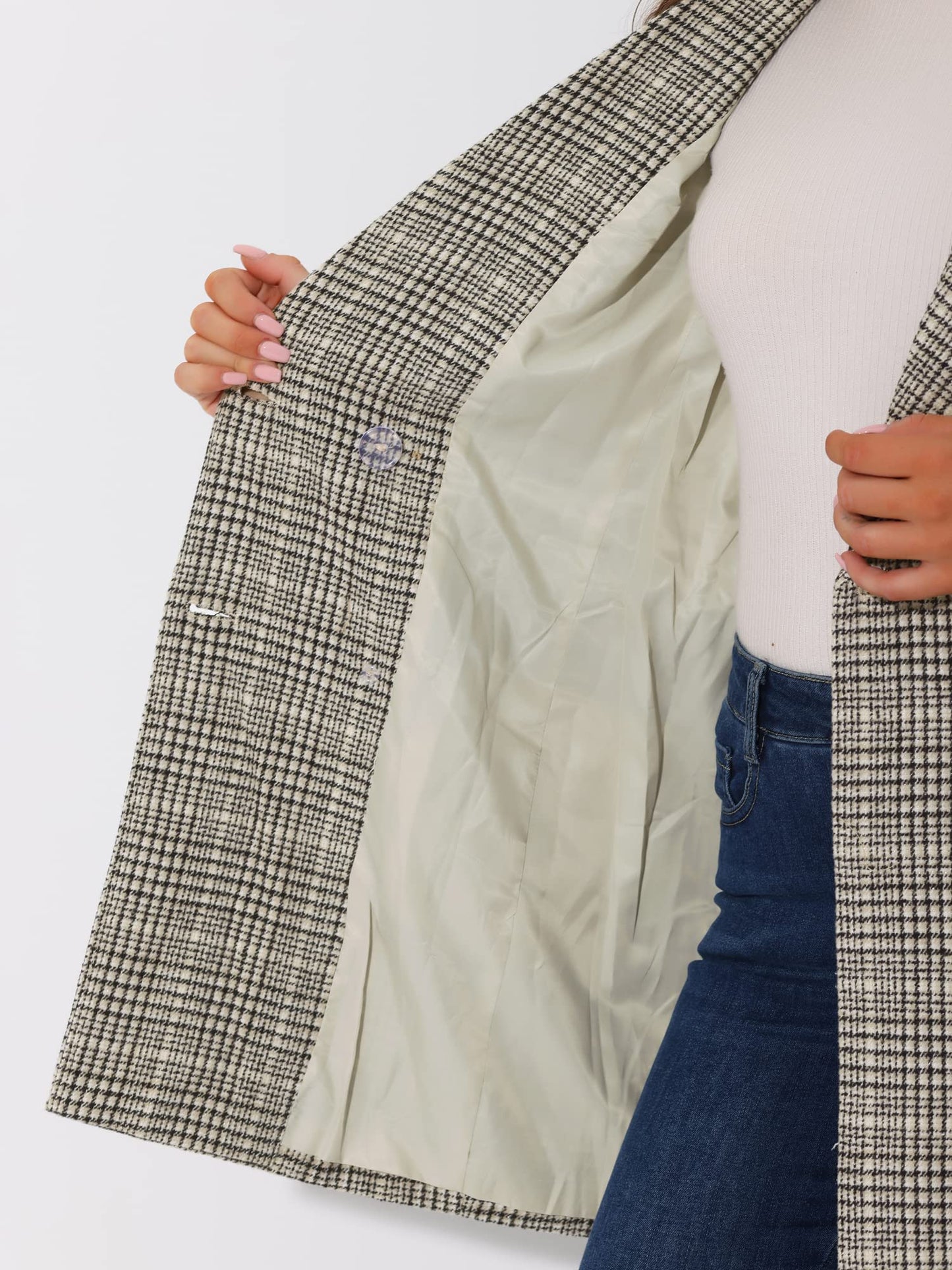 Allegra K Women's Double Breasted Notched Lapel Plaid Trench Blazer Coat - Xpressa