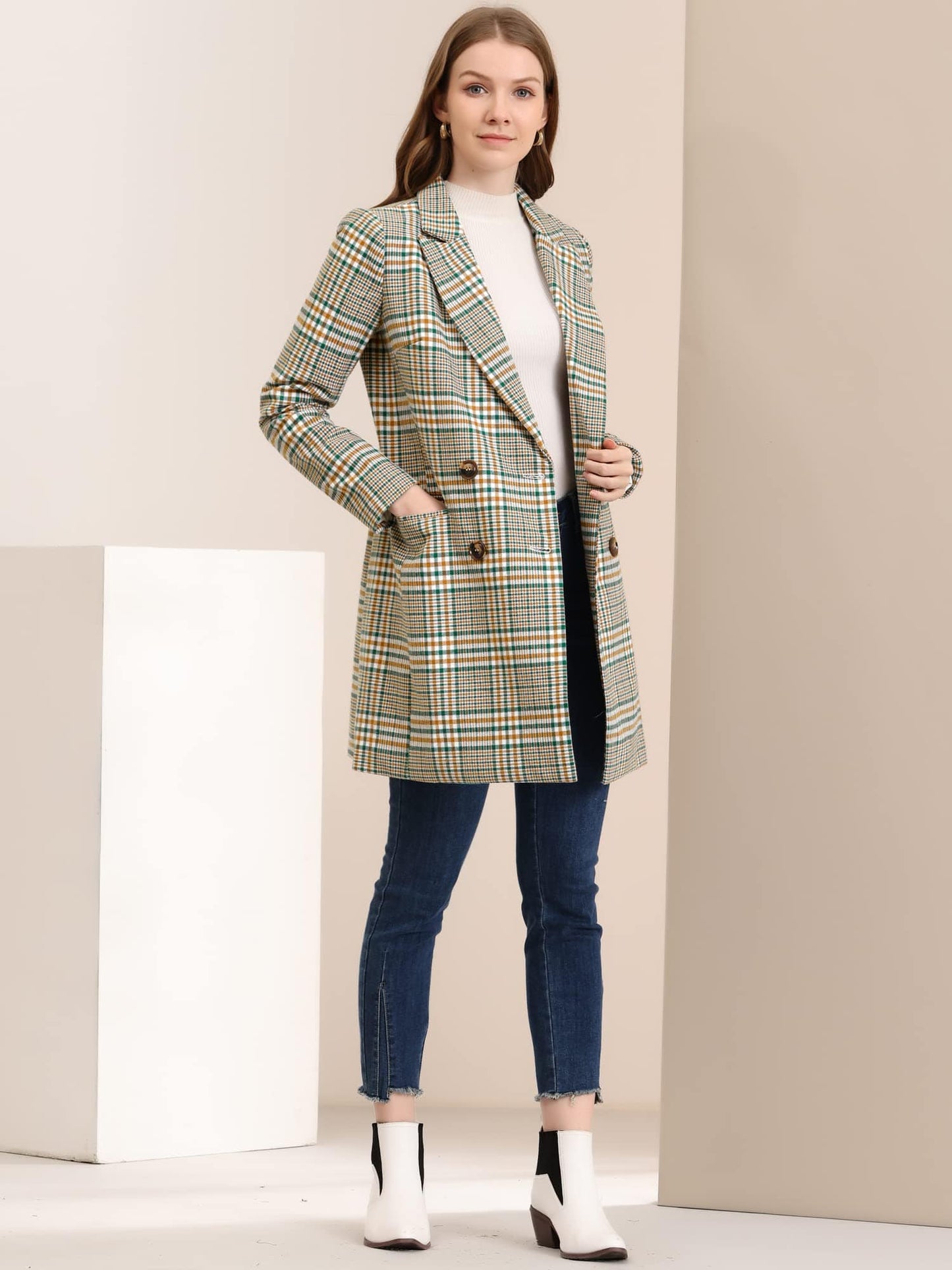 Allegra K Women's Double Breasted Notched Lapel Plaid Trench Blazer Coat - Xpressa