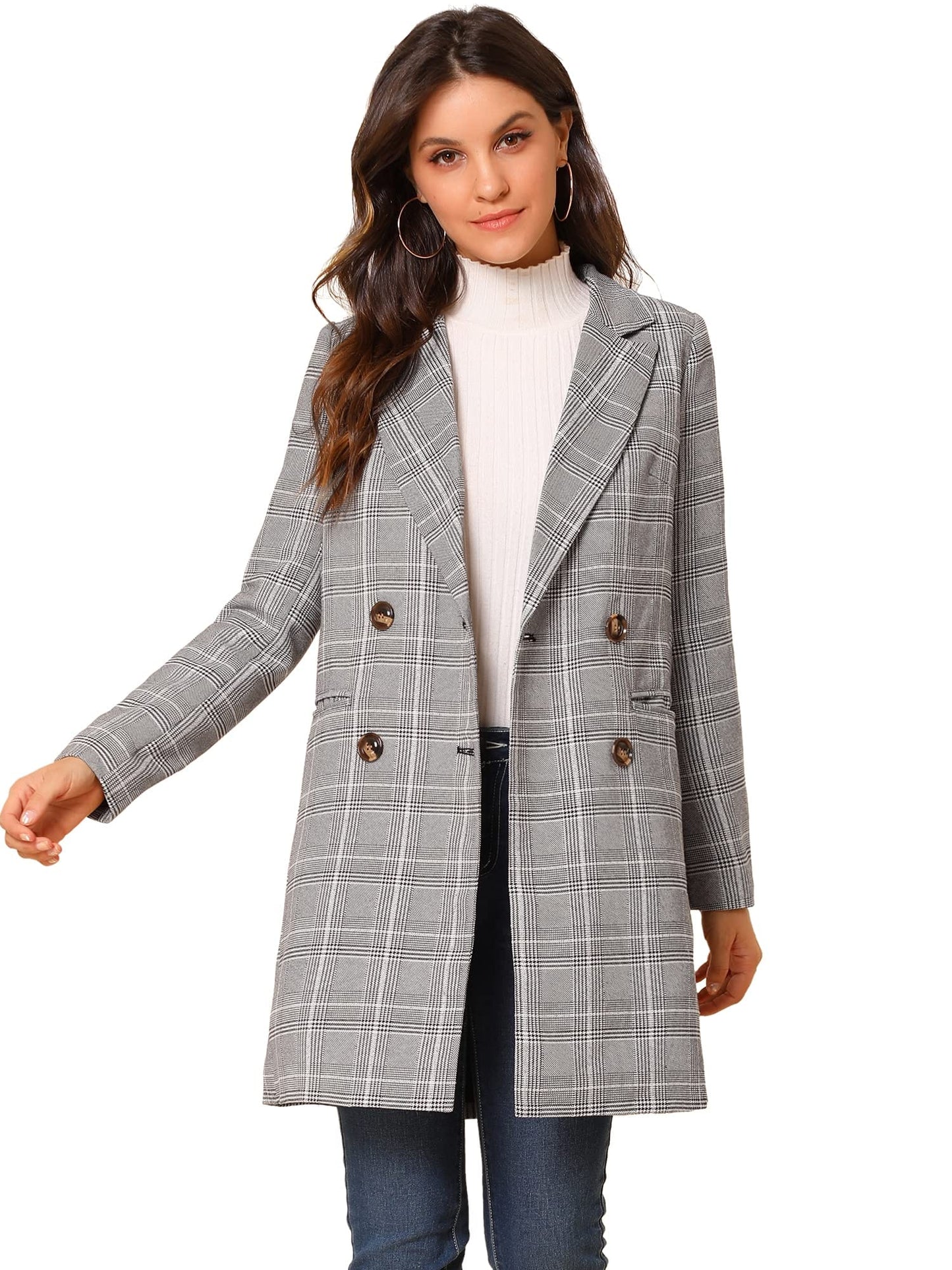 Allegra K Women's Double Breasted Notched Lapel Plaid Trench Blazer Coat - Xpressa