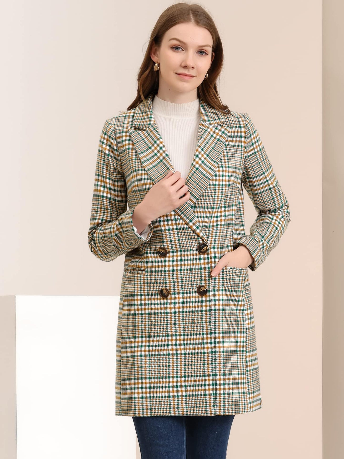 Allegra K Women's Double Breasted Notched Lapel Plaid Trench Blazer Coat - Xpressa