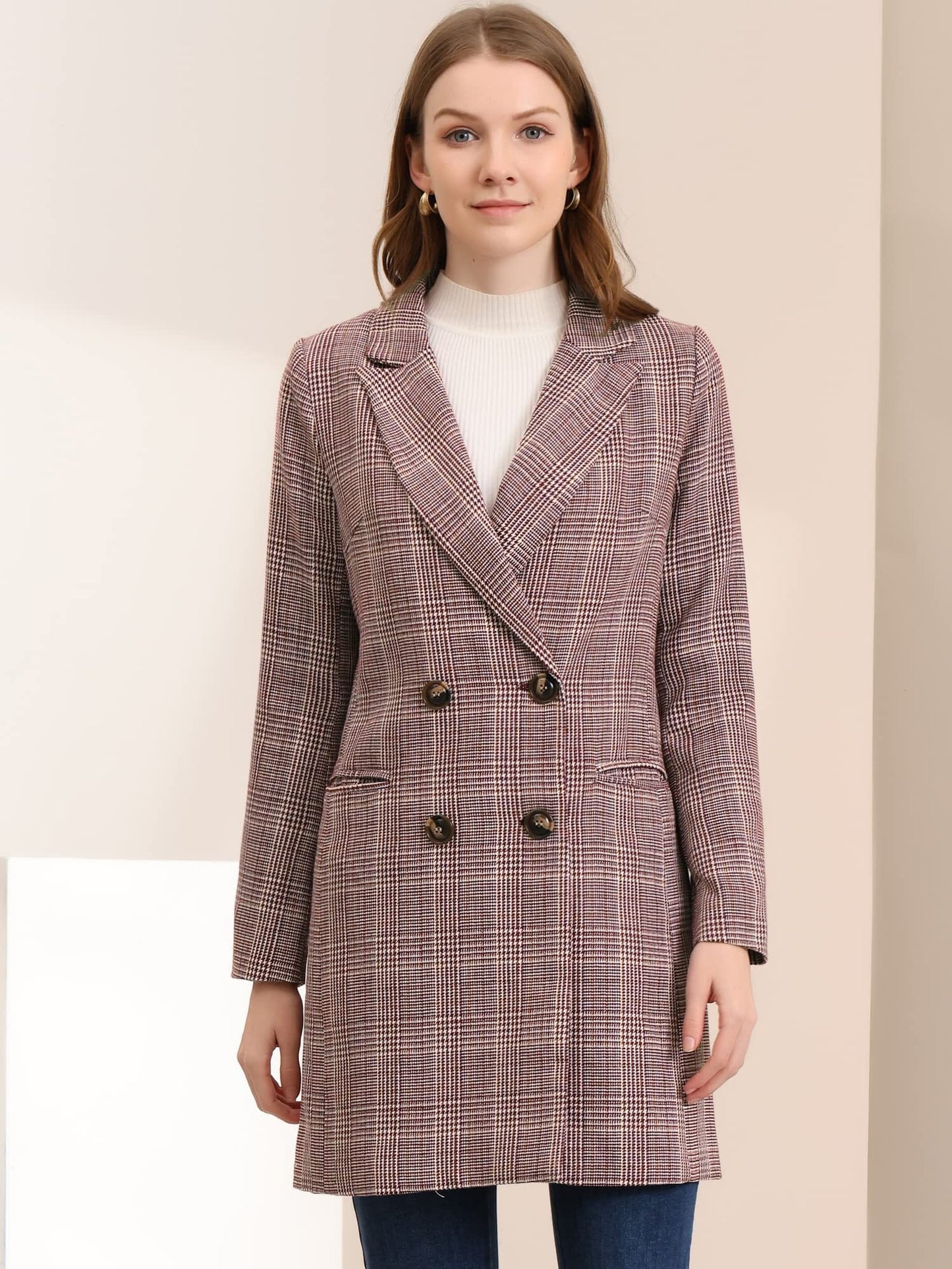 Allegra K Women's Double Breasted Notched Lapel Plaid Trench Blazer Coat - Xpressa