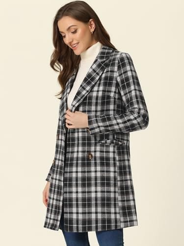 Allegra K Women's Double Breasted Notched Lapel Plaid Trench Blazer Coat - Xpressa