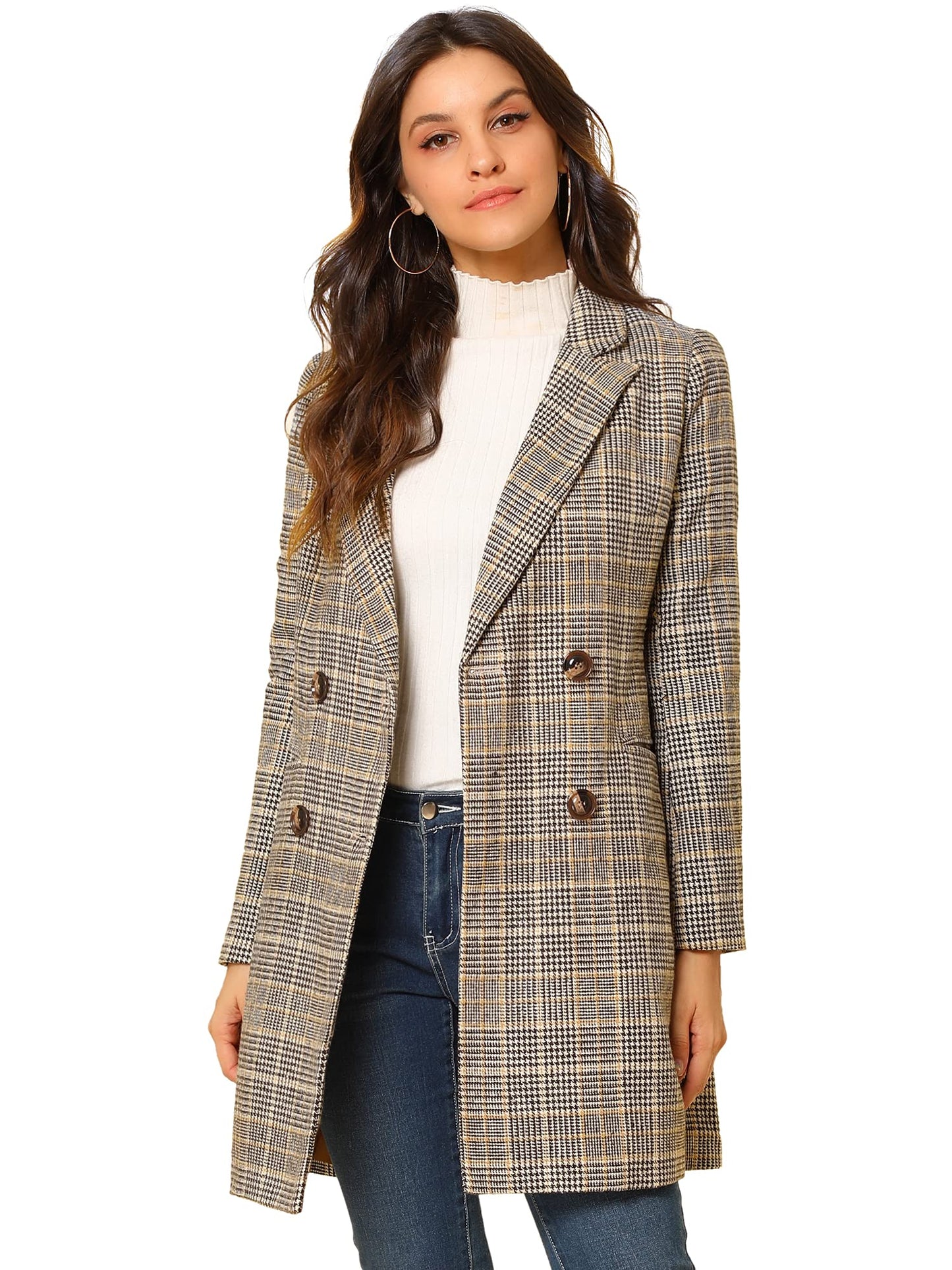 Allegra K Women's Double Breasted Notched Lapel Plaid Trench Blazer Coat - Xpressa