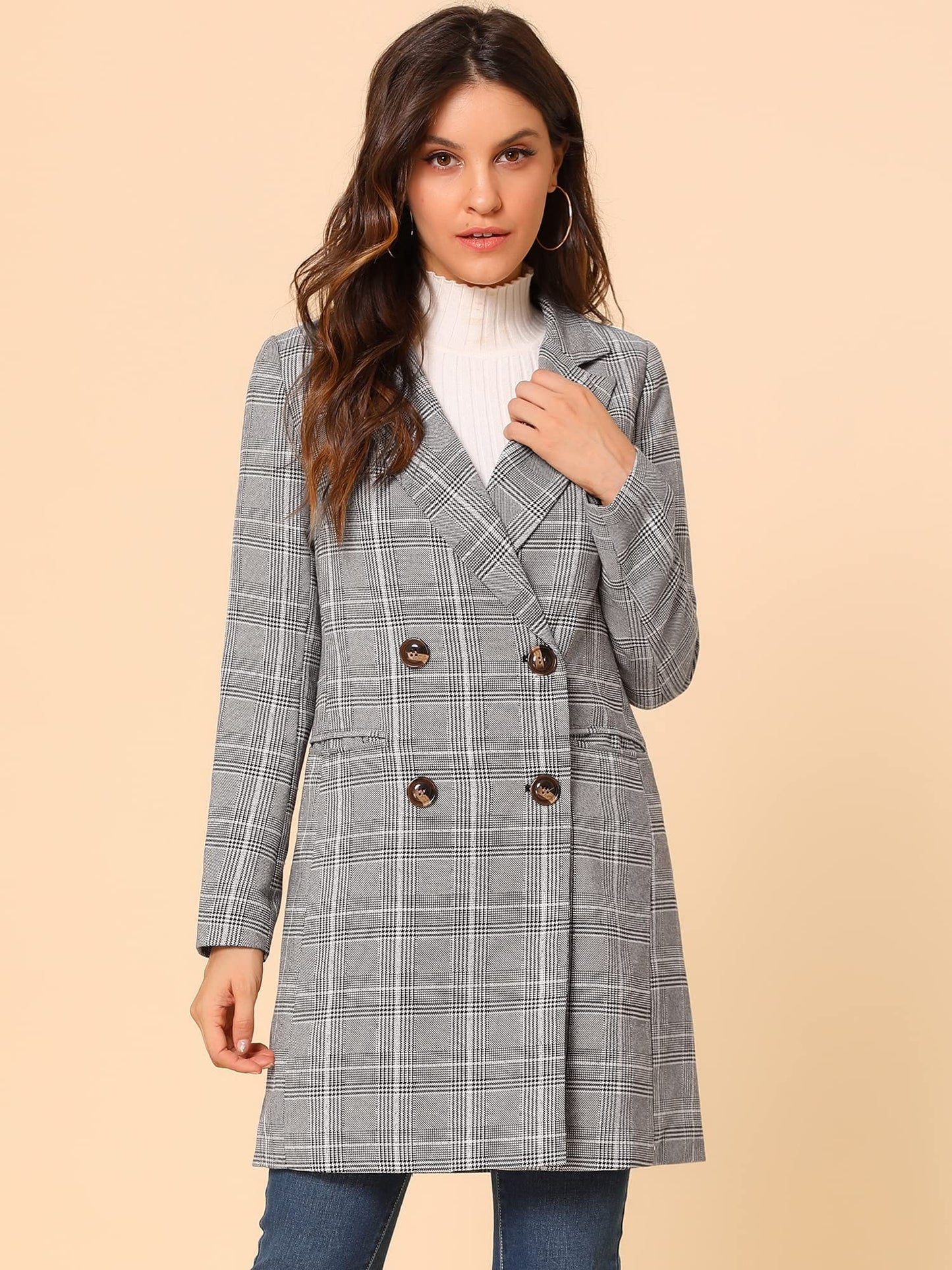 Allegra K Women's Double Breasted Notched Lapel Plaid Trench Blazer Coat - Xpressa