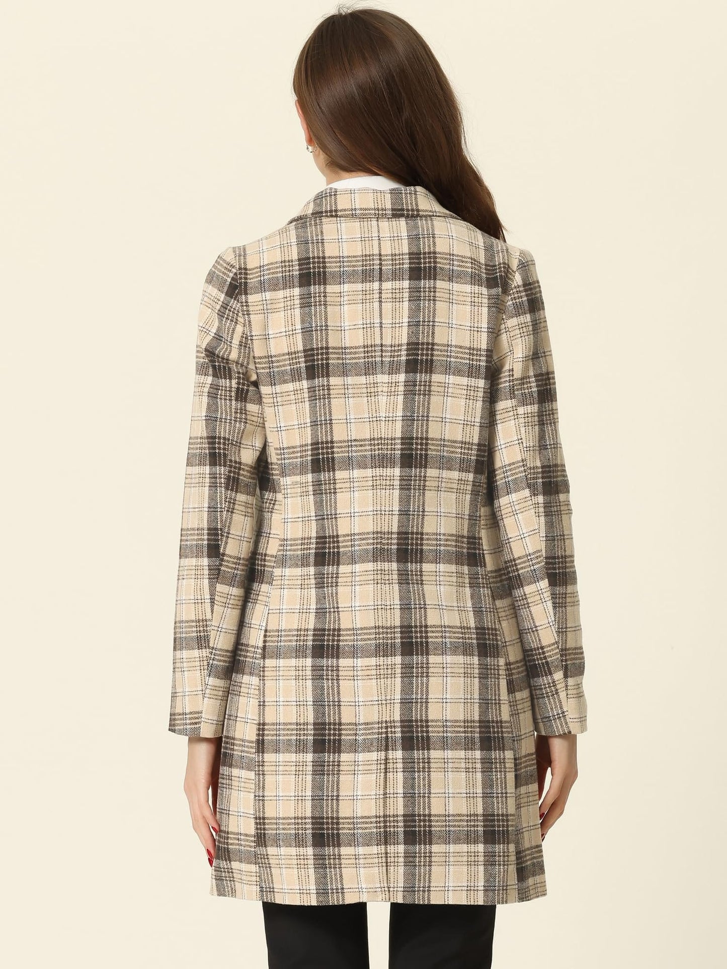 Allegra K Women's Double Breasted Notched Lapel Plaid Trench Blazer Coat - Xpressa