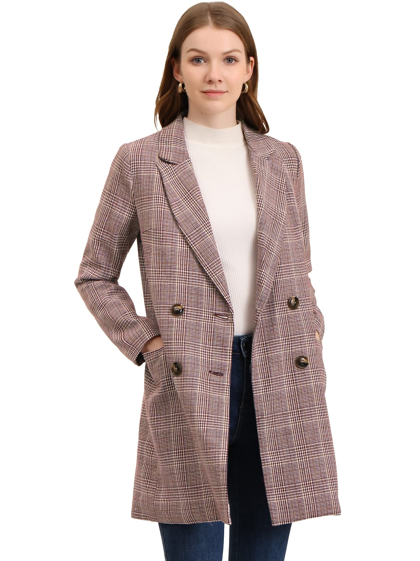 Allegra K Women's Double Breasted Notched Lapel Plaid Trench Blazer Coat - Xpressa