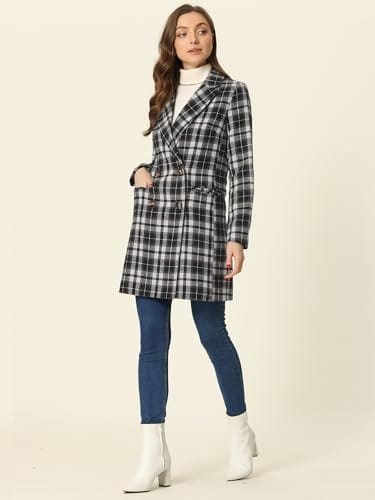 Allegra K Women's Double Breasted Notched Lapel Plaid Trench Blazer Coat - Xpressa
