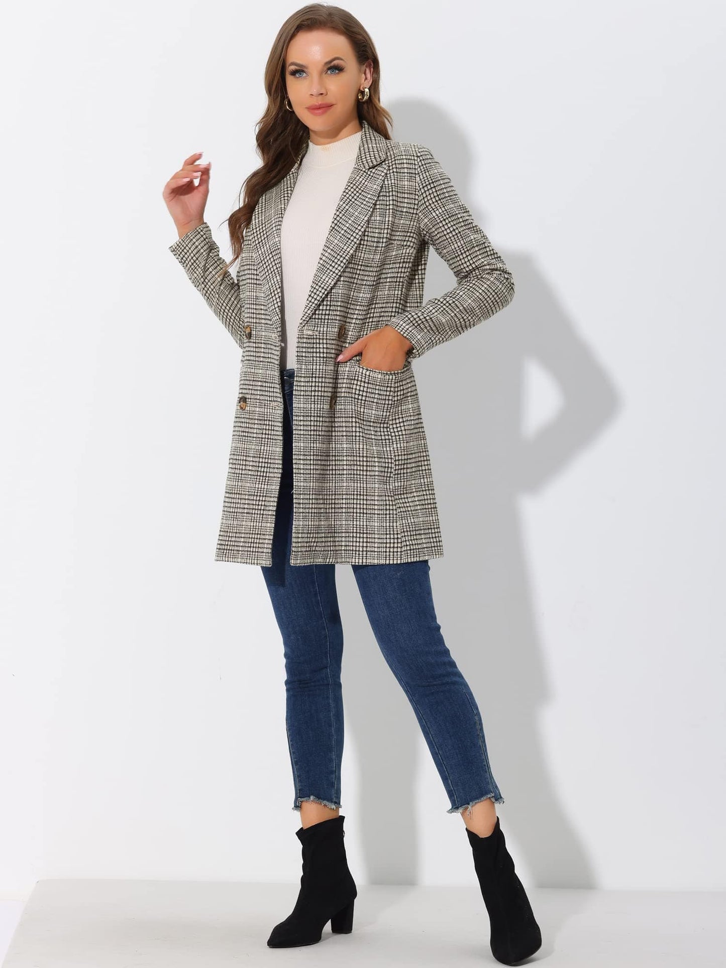 Allegra K Women's Double Breasted Notched Lapel Plaid Trench Blazer Coat - Xpressa