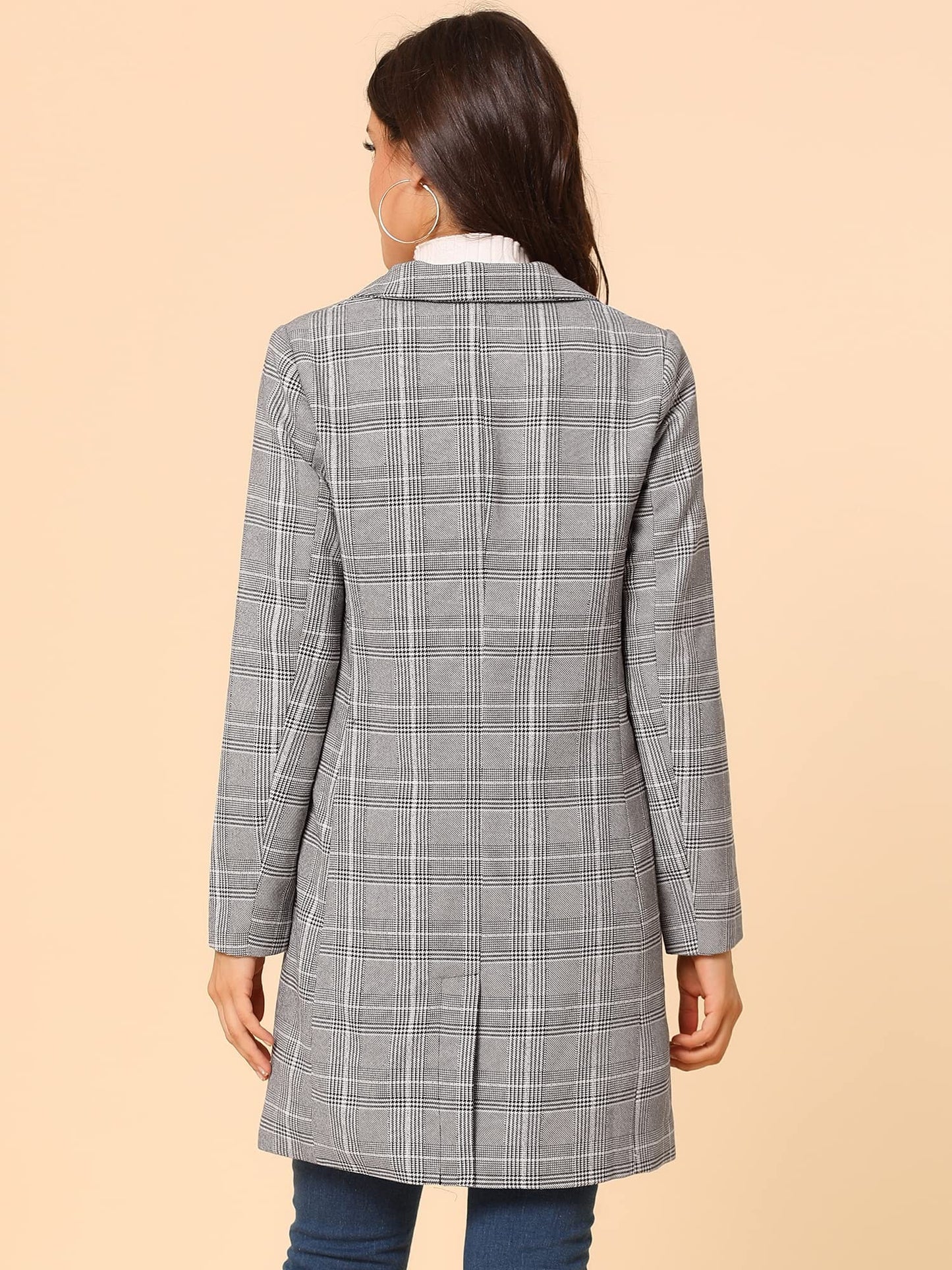 Allegra K Women's Double Breasted Notched Lapel Plaid Trench Blazer Coat - Xpressa