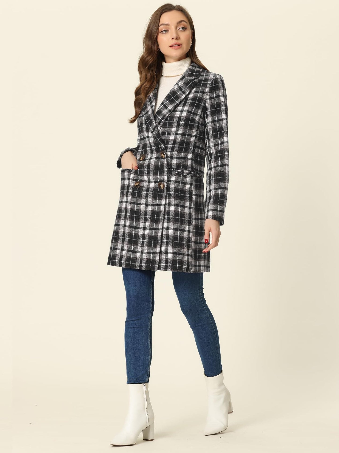 Allegra K Women's Double Breasted Notched Lapel Plaid Trench Blazer Coat - Xpressa