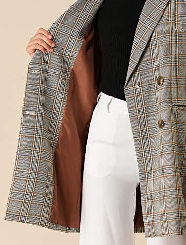 Allegra K Women's Double Breasted Notched Lapel Plaid Trench Blazer Coat - Xpressa