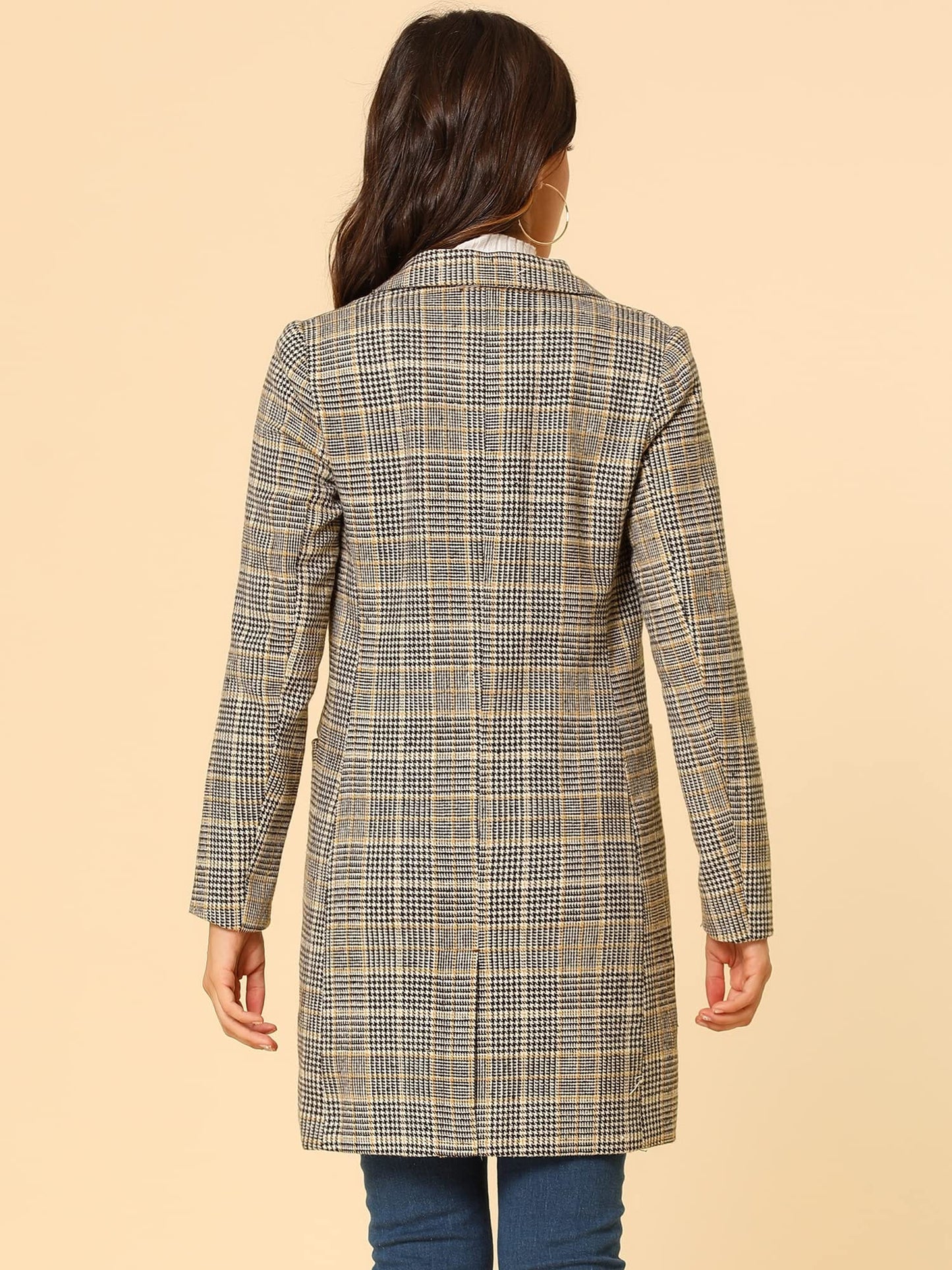 Allegra K Women's Double Breasted Notched Lapel Plaid Trench Blazer Coat - Xpressa