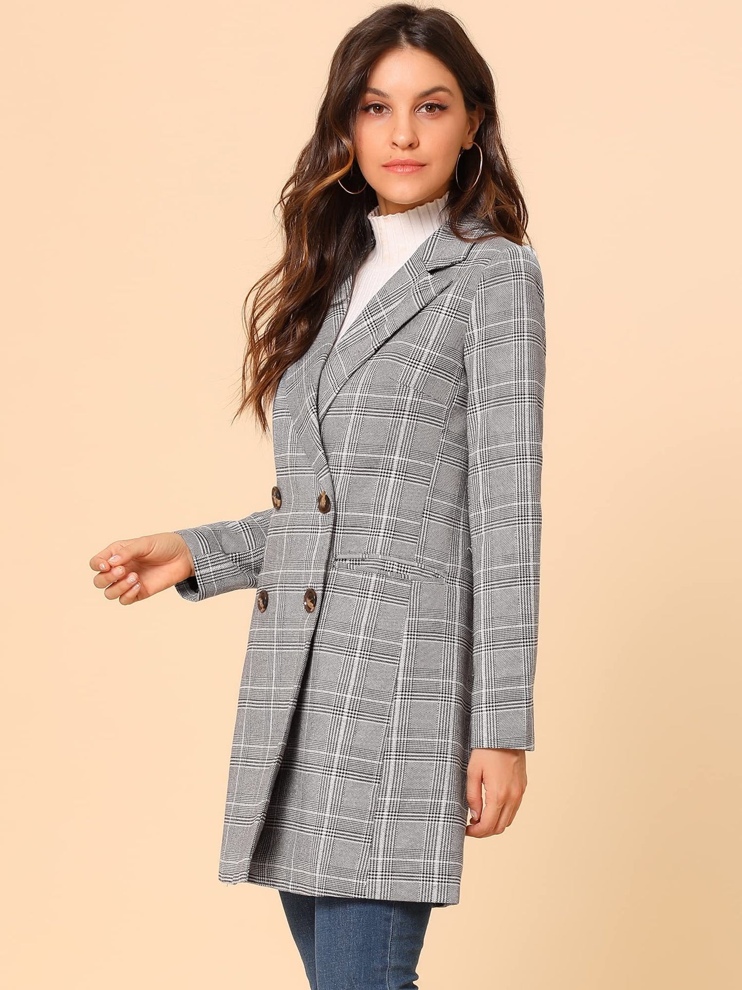 Allegra K Women's Double Breasted Notched Lapel Plaid Trench Blazer Coat - Xpressa
