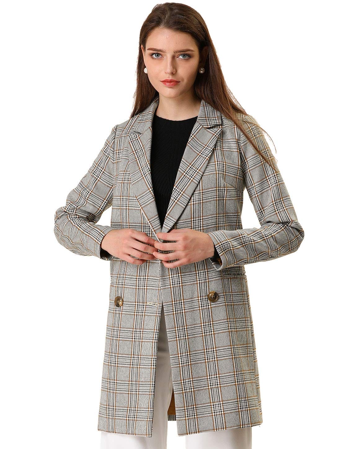 Allegra K Women's Double Breasted Notched Lapel Plaid Trench Blazer Coat - Xpressa