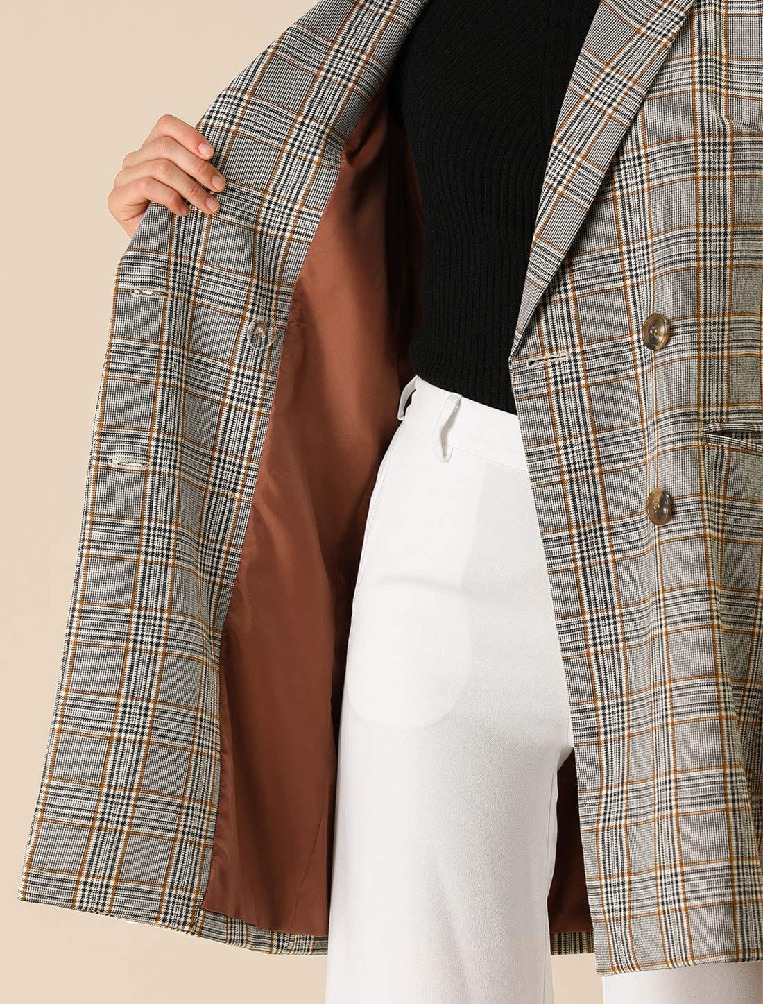 Allegra K Women's Double Breasted Notched Lapel Plaid Trench Blazer Coat - Xpressa