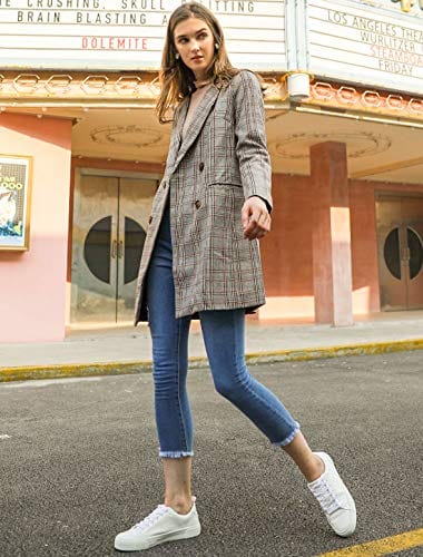 Allegra K Women's Double Breasted Notched Lapel Plaid Trench Blazer Coat - Xpressa