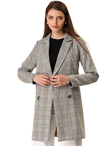 Allegra K Women's Double Breasted Notched Lapel Plaid Trench Blazer Coat - Xpressa