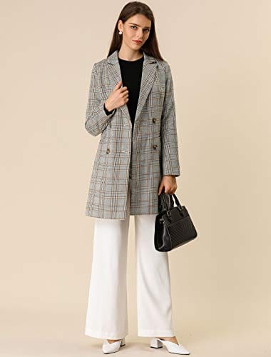 Allegra K Women's Double Breasted Notched Lapel Plaid Trench Blazer Coat - Xpressa