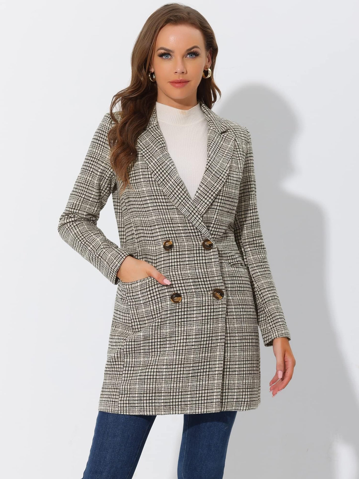 Allegra K Women's Double Breasted Notched Lapel Plaid Trench Blazer Coat - Xpressa