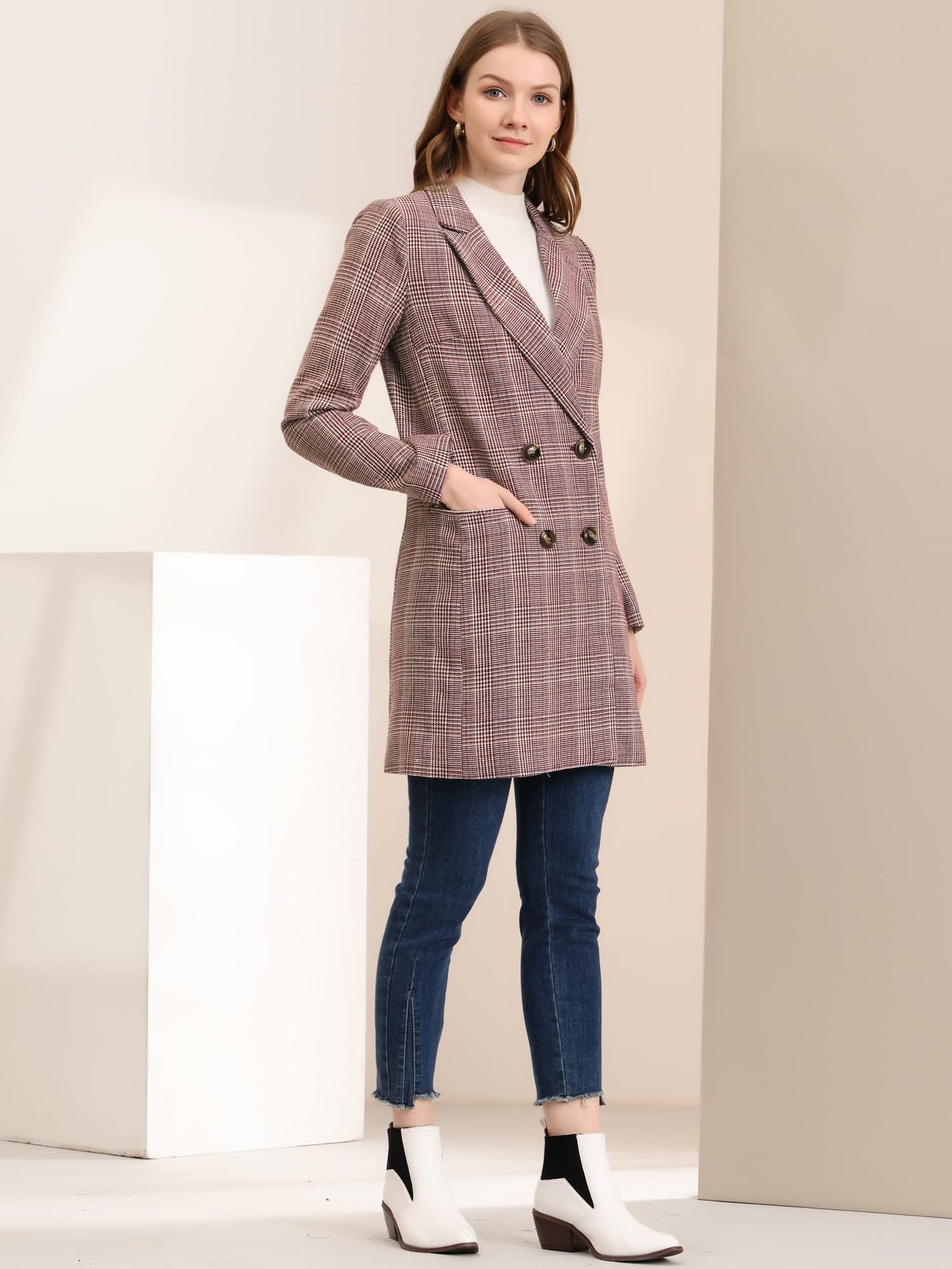 Allegra K Women's Double Breasted Notched Lapel Plaid Trench Blazer Coat - Xpressa